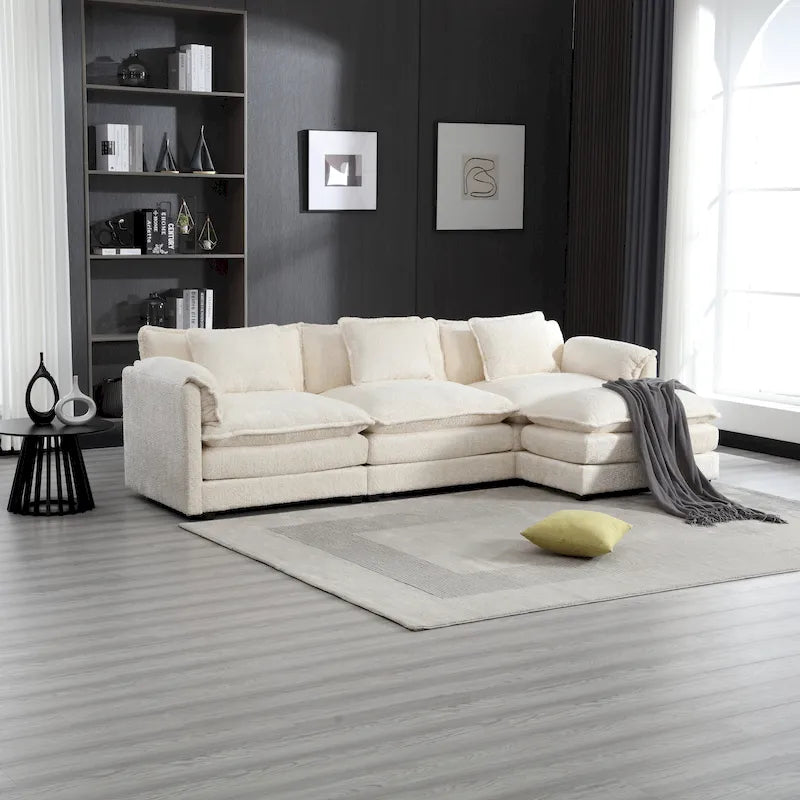 Canapé d'angle 4 places en forme de L beige 112,2, revêtu d'un tissu bouclé moderne, avec coussins amovibles et accoudoirs détachables