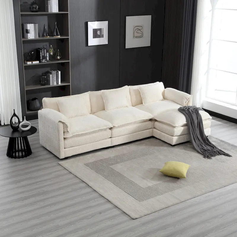 Canapé d'angle 4 places en forme de L beige 112,2, revêtu d'un tissu bouclé moderne, avec coussins amovibles et accoudoirs détachables