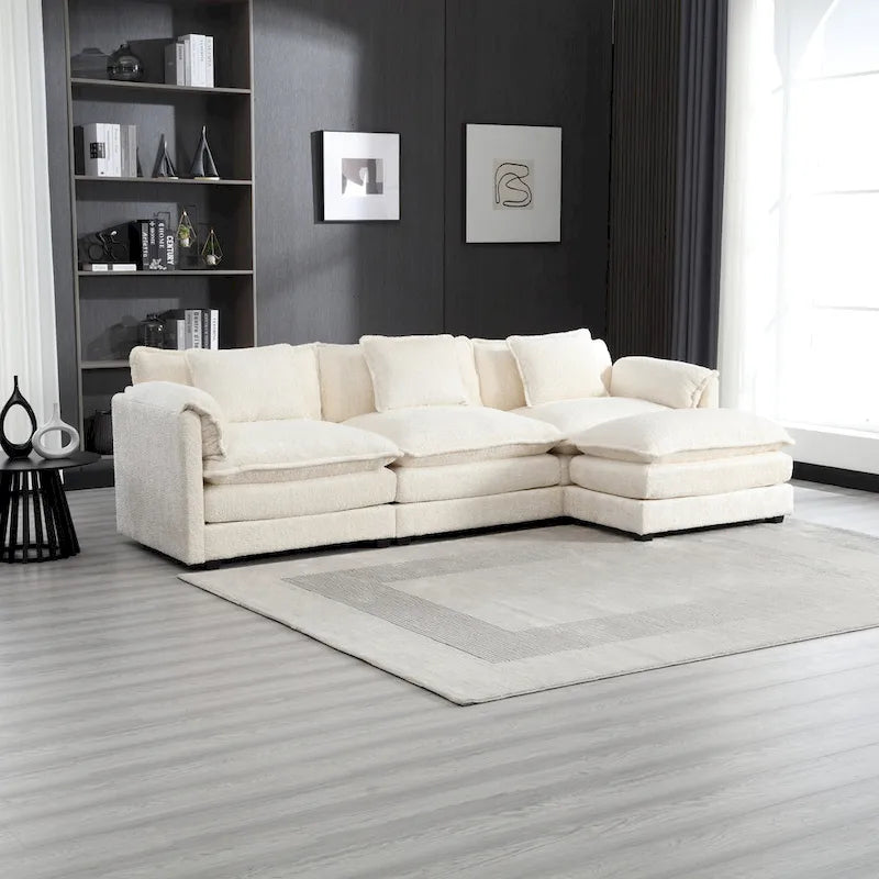 Canapé d'angle 4 places en forme de L beige 112,2, revêtu d'un tissu bouclé moderne, avec coussins amovibles et accoudoirs détachables