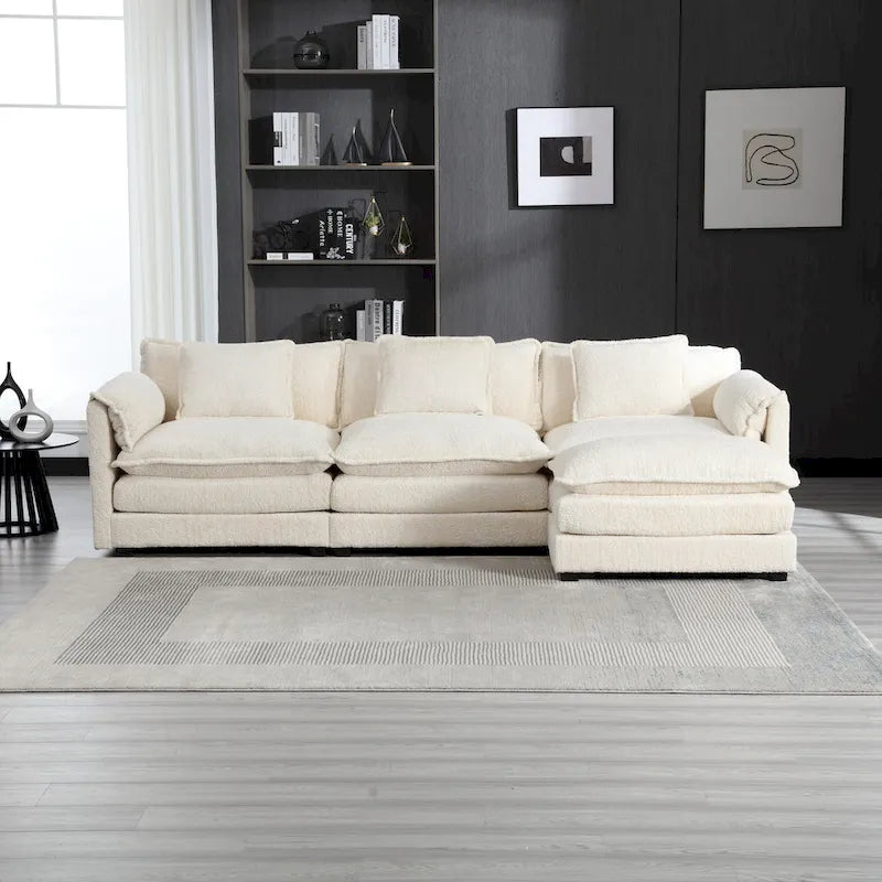 Canapé d'angle 4 places en forme de L beige 112,2, revêtu d'un tissu bouclé moderne, avec coussins amovibles et accoudoirs détachables