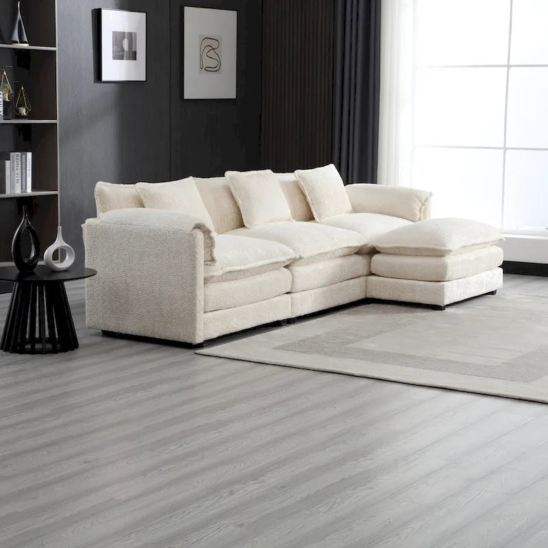 Canapé d'angle 4 places en forme de L beige 112,2, revêtu d'un tissu bouclé moderne, avec coussins amovibles et accoudoirs détachables