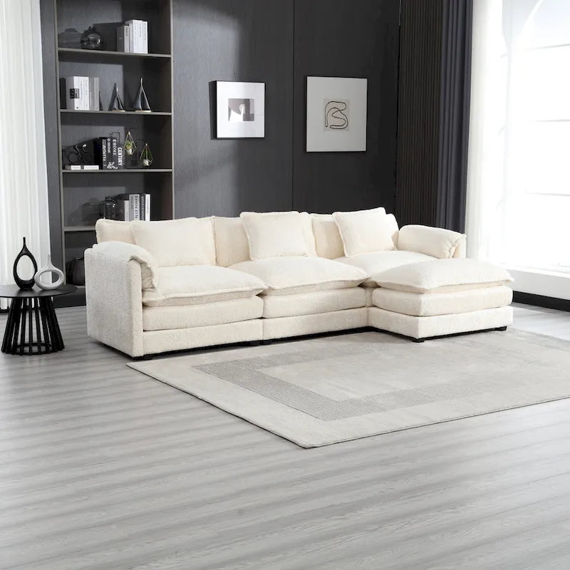 Canapé d'angle 4 places en forme de L beige 112,2, revêtu d'un tissu bouclé moderne, avec coussins amovibles et accoudoirs détachables