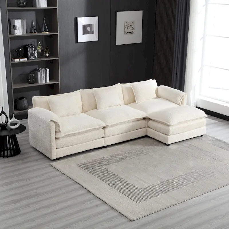 Canapé d'angle 4 places en forme de L beige 112,2, revêtu d'un tissu bouclé moderne, avec coussins amovibles et accoudoirs détachables