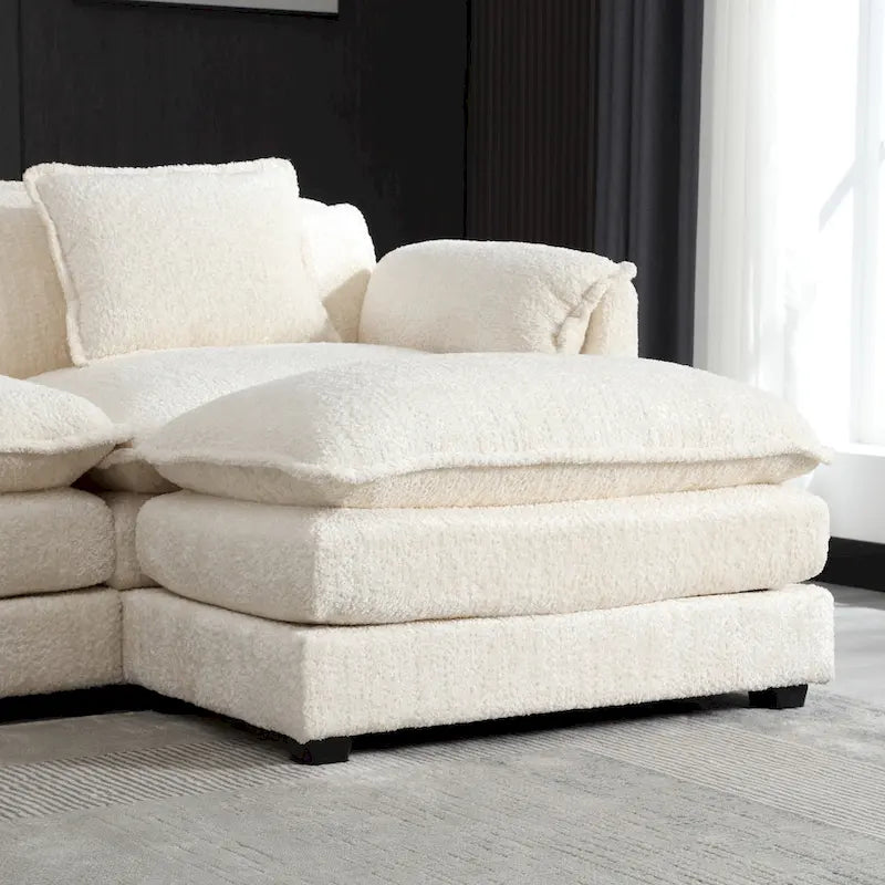 Canapé d'angle 4 places en forme de L beige 112,2, revêtu d'un tissu bouclé moderne, avec coussins amovibles et accoudoirs détachables