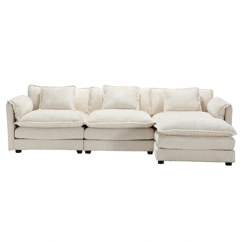 Canapé d'angle 4 places en forme de L beige 112,2, revêtu d'un tissu bouclé moderne, avec coussins amovibles et accoudoirs détachables