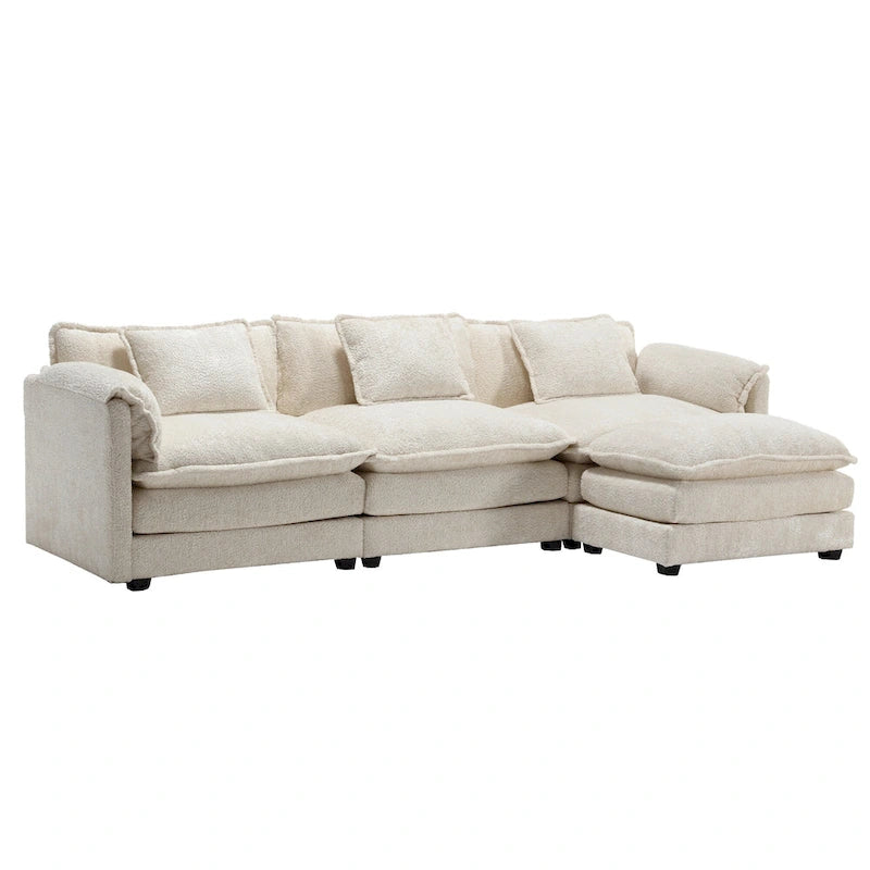 Canapé d'angle 4 places en forme de L beige 112,2, revêtu d'un tissu bouclé moderne, avec coussins amovibles et accoudoirs détachables