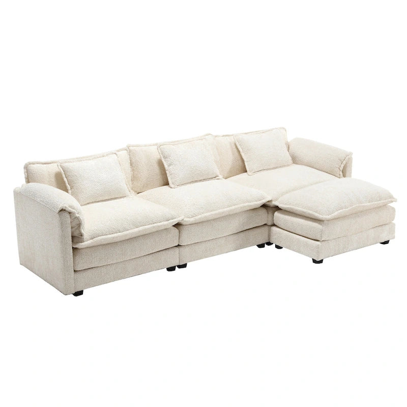 Canapé d'angle 4 places en forme de L beige 112,2, revêtu d'un tissu bouclé moderne, avec coussins amovibles et accoudoirs détachables