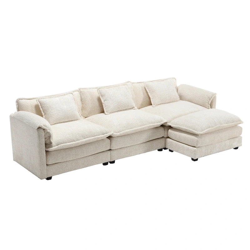 Canapé d'angle 4 places en forme de L beige 112,2, revêtu d'un tissu bouclé moderne, avec coussins amovibles et accoudoirs détachables