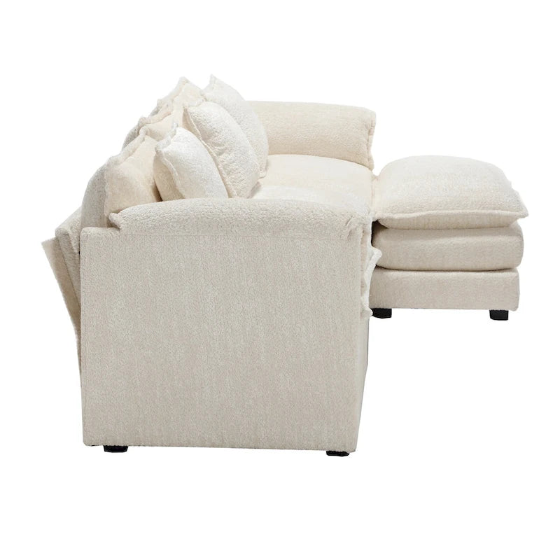 Canapé d'angle 4 places en forme de L beige 112,2, revêtu d'un tissu bouclé moderne, avec coussins amovibles et accoudoirs détachables