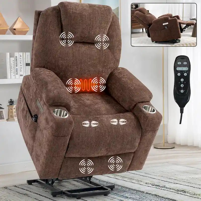 Fauteuil inclinable électrique bleu avec massage à 8 points, soutien lombaire chauffant, deux ports USB et porte-gobelets en acier inoxydable