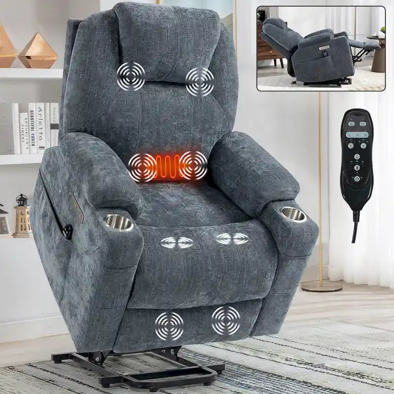 Fauteuil inclinable électrique bleu avec massage à 8 points, soutien lombaire chauffant, deux ports USB et porte-gobelets en acier inoxydable