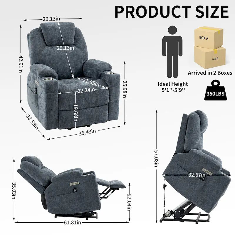 Fauteuil inclinable électrique bleu avec massage à 8 points, soutien lombaire chauffant, deux ports USB et porte-gobelets en acier inoxydable