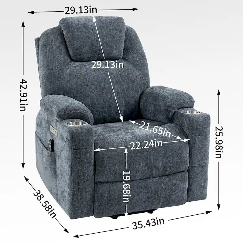 Fauteuil inclinable électrique bleu avec massage à 8 points, soutien lombaire chauffant, deux ports USB et porte-gobelets en acier inoxydable