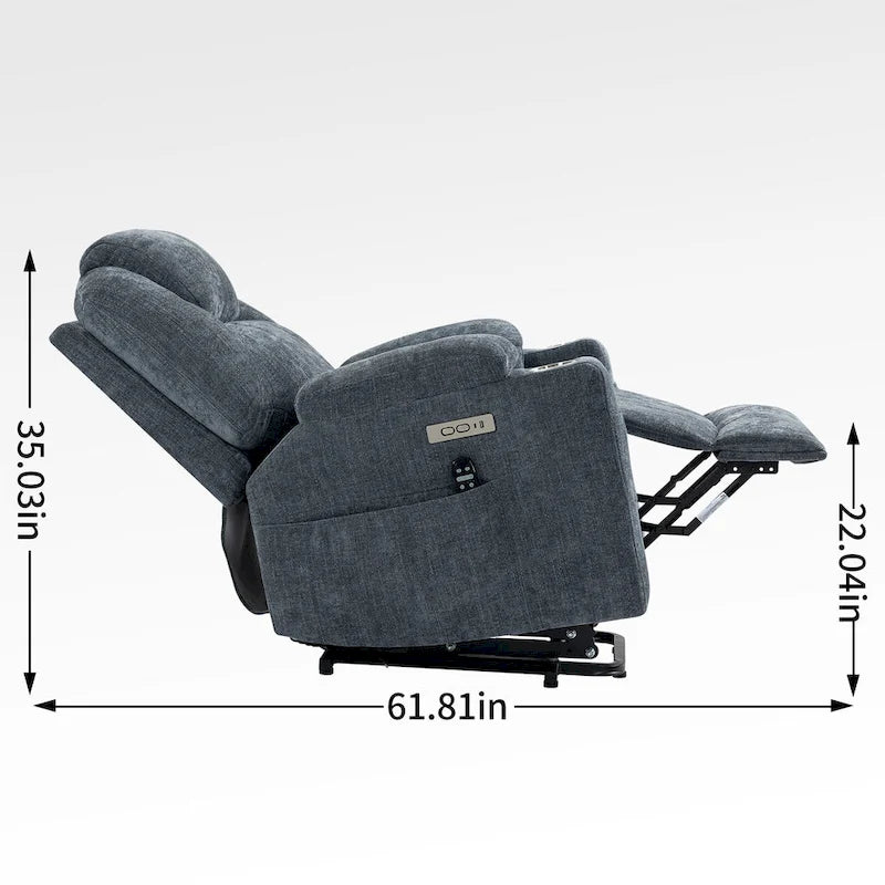Fauteuil inclinable électrique bleu avec massage à 8 points, soutien lombaire chauffant, deux ports USB et porte-gobelets en acier inoxydable