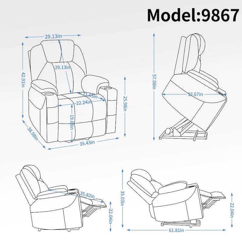 Fauteuil inclinable électrique bleu avec massage à 8 points, soutien lombaire chauffant, deux ports USB et porte-gobelets en acier inoxydable