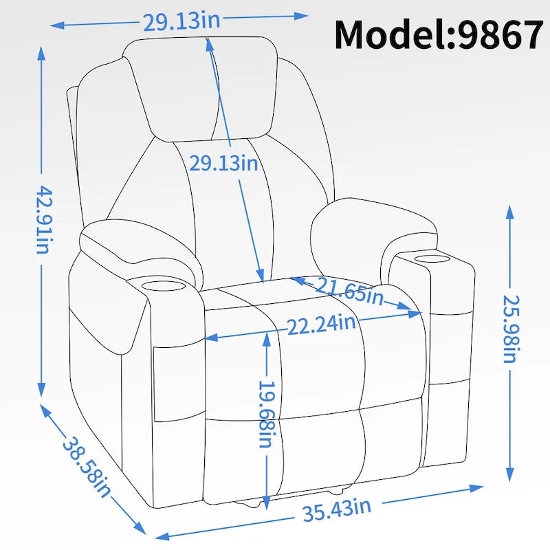 Fauteuil inclinable électrique bleu avec massage à 8 points, soutien lombaire chauffant, deux ports USB et porte-gobelets en acier inoxydable