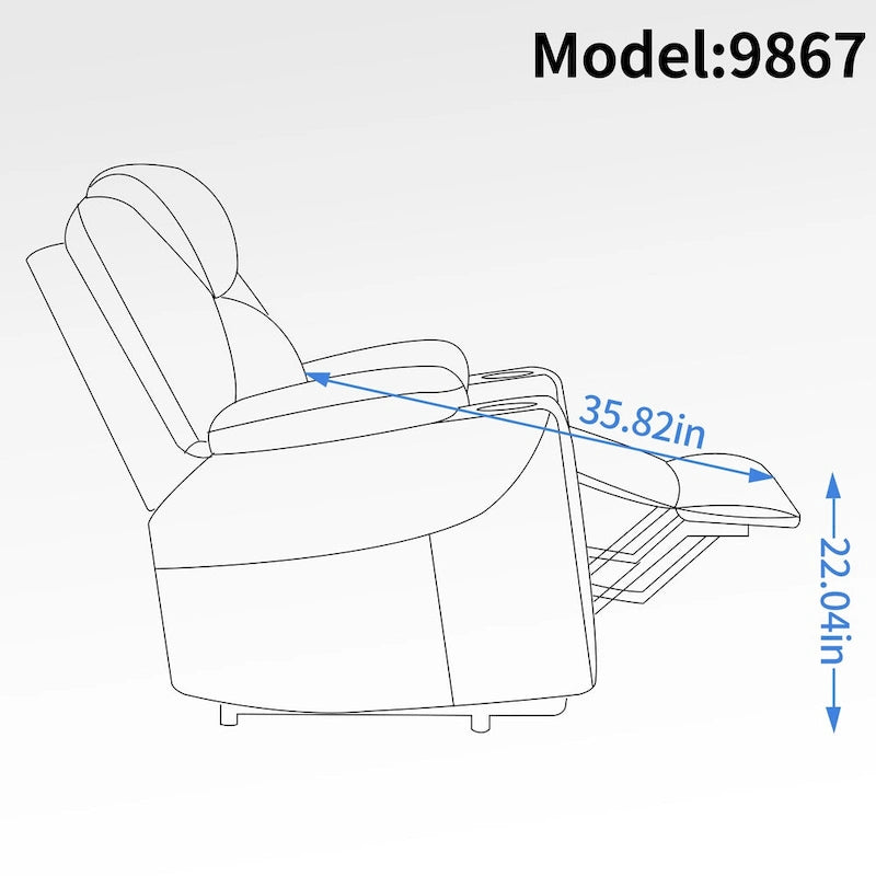 Fauteuil inclinable électrique bleu avec massage à 8 points, soutien lombaire chauffant, deux ports USB et porte-gobelets en acier inoxydable