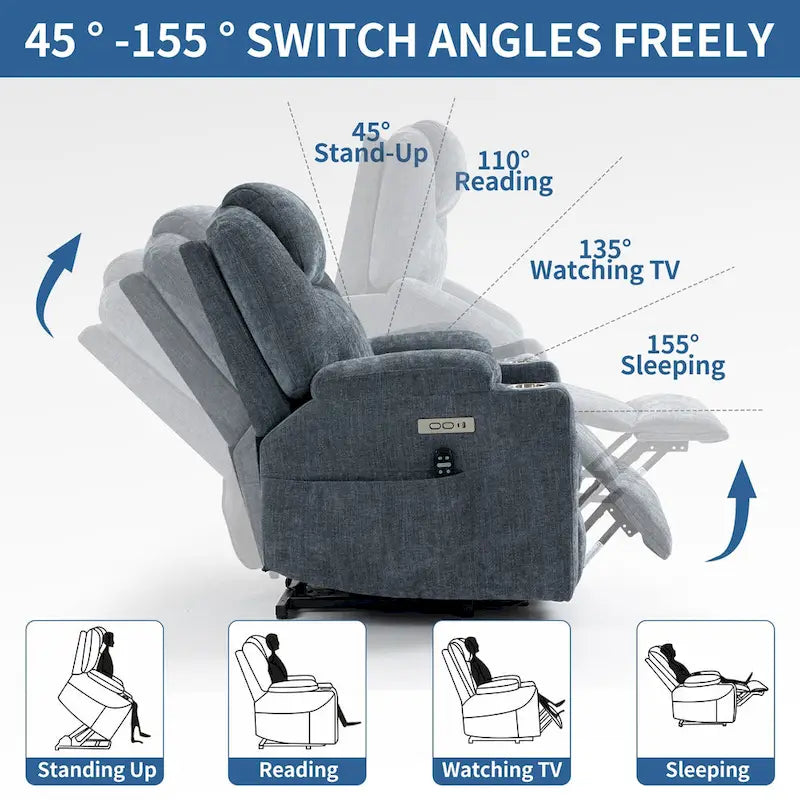 Fauteuil inclinable électrique bleu avec massage à 8 points, soutien lombaire chauffant, deux ports USB et porte-gobelets en acier inoxydable
