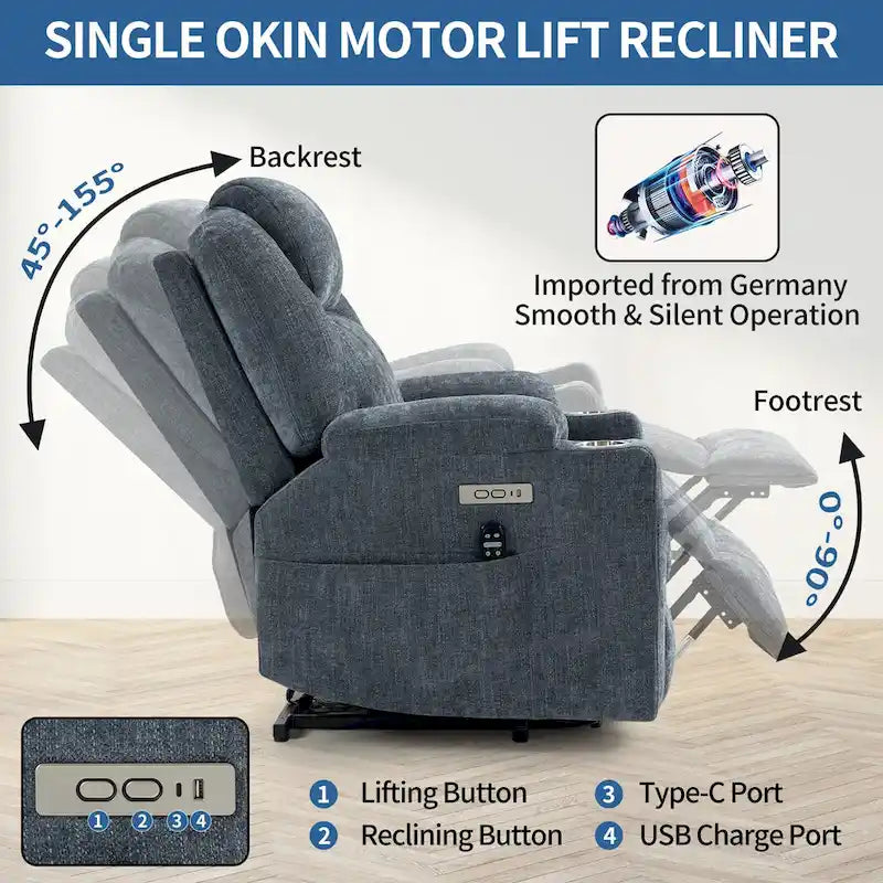 Fauteuil inclinable électrique bleu avec massage à 8 points, soutien lombaire chauffant, deux ports USB et porte-gobelets en acier inoxydable