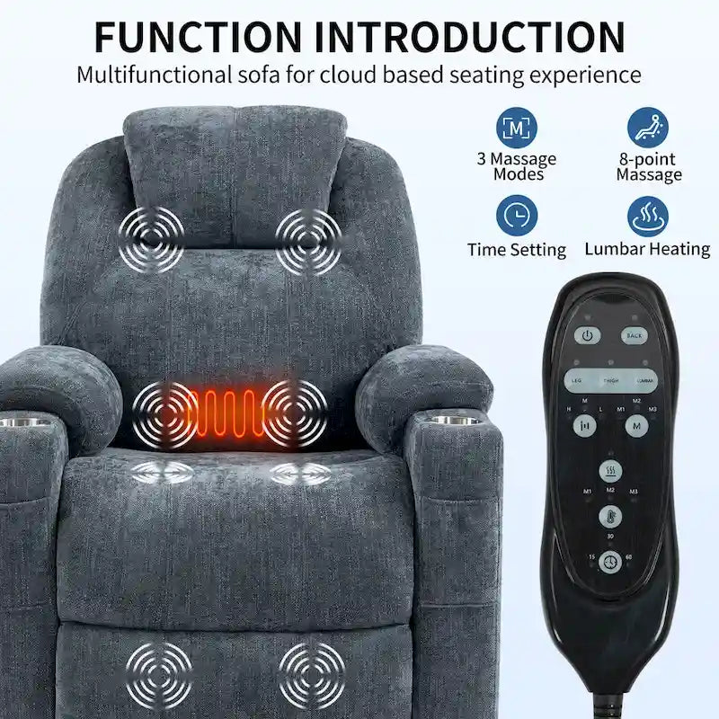 Fauteuil inclinable électrique bleu avec massage à 8 points, soutien lombaire chauffant, deux ports USB et porte-gobelets en acier inoxydable