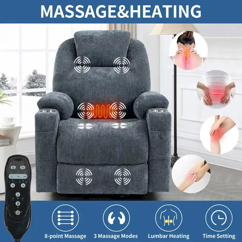 Fauteuil inclinable électrique bleu avec massage à 8 points, soutien lombaire chauffant, deux ports USB et porte-gobelets en acier inoxydable
