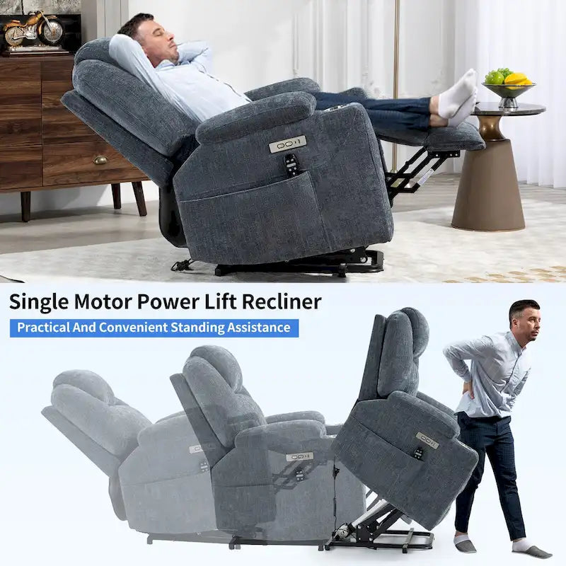 Fauteuil inclinable électrique bleu avec massage à 8 points, soutien lombaire chauffant, deux ports USB et porte-gobelets en acier inoxydable