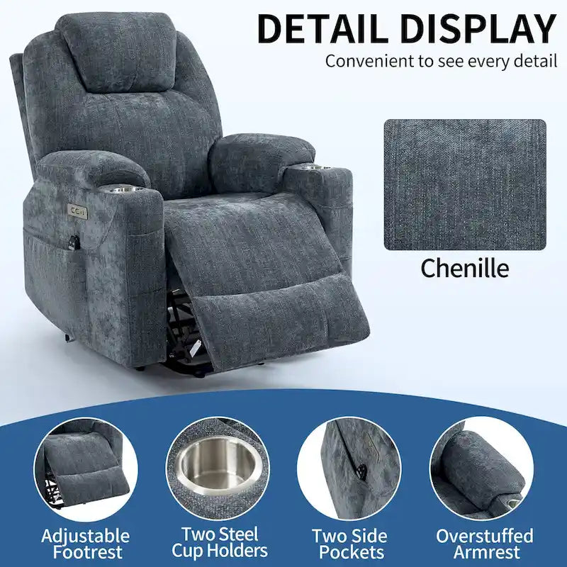 Fauteuil inclinable électrique bleu avec massage à 8 points, soutien lombaire chauffant, deux ports USB et porte-gobelets en acier inoxydable