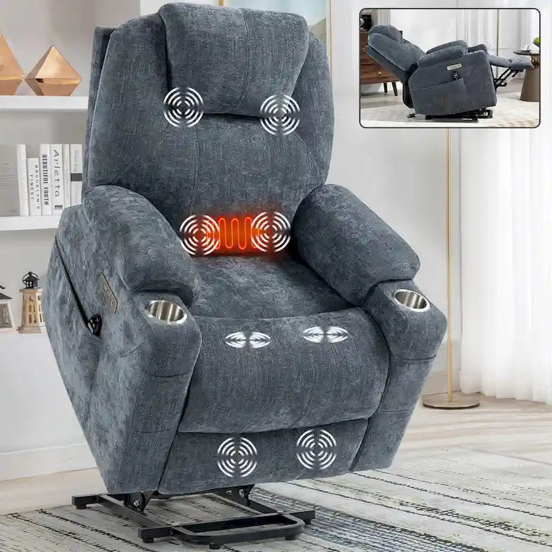 Fauteuil inclinable électrique bleu avec massage à 8 points, soutien lombaire chauffant, deux ports USB et porte-gobelets en acier inoxydable