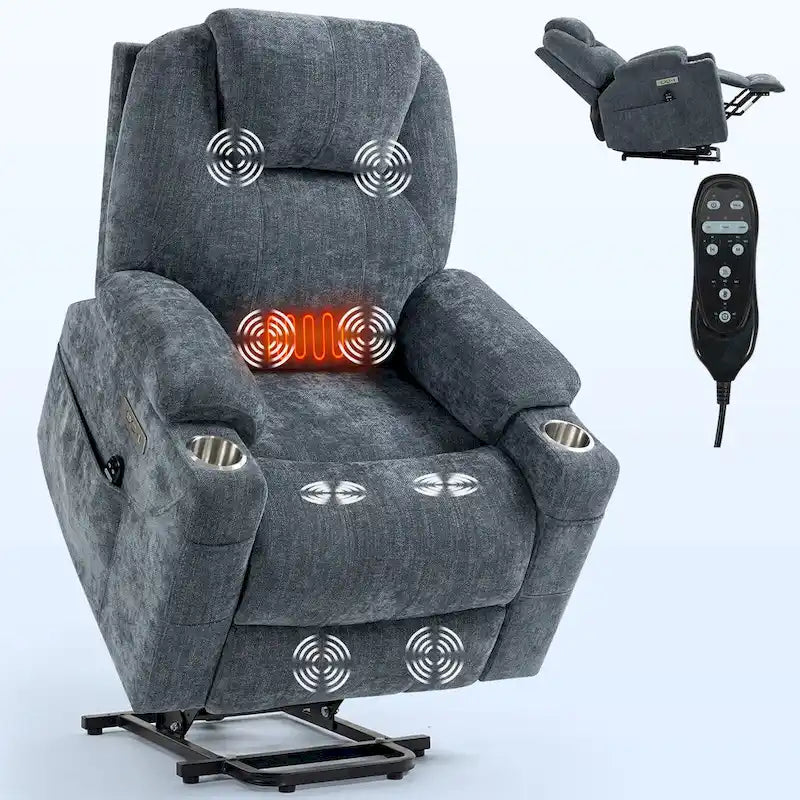 Fauteuil inclinable électrique bleu avec massage à 8 points, soutien lombaire chauffant, deux ports USB et porte-gobelets en acier inoxydable