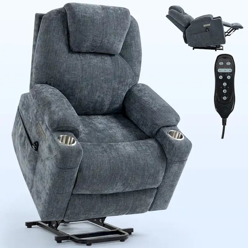 Fauteuil inclinable électrique bleu avec massage à 8 points, soutien lombaire chauffant, deux ports USB et porte-gobelets en acier inoxydable
