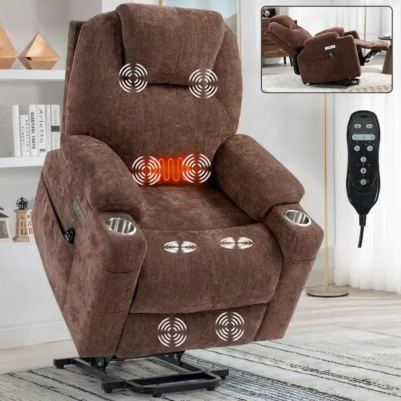 Fauteuil inclinable électrique bleu avec massage à 8 points, soutien lombaire chauffant, deux ports USB et porte-gobelets en acier inoxydable
