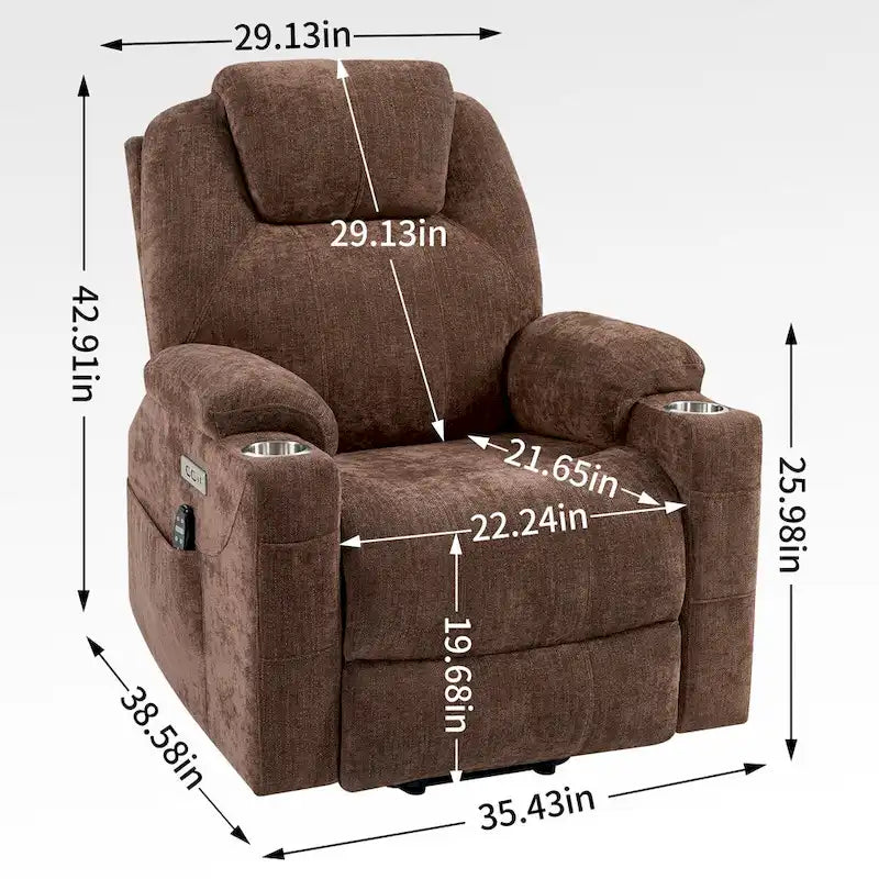 Fauteuil inclinable électrique bleu avec massage à 8 points, soutien lombaire chauffant, deux ports USB et porte-gobelets en acier inoxydable