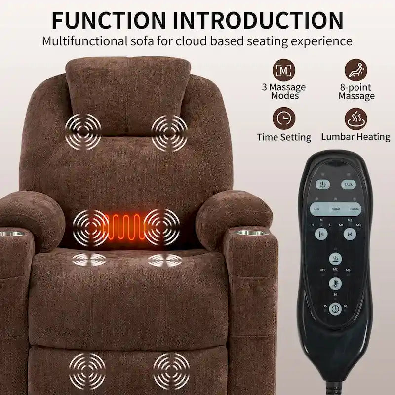 Fauteuil inclinable électrique bleu avec massage à 8 points, soutien lombaire chauffant, deux ports USB et porte-gobelets en acier inoxydable