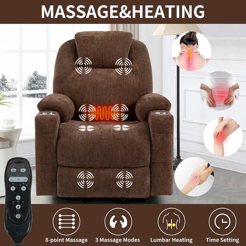 Fauteuil inclinable électrique bleu avec massage à 8 points, soutien lombaire chauffant, deux ports USB et porte-gobelets en acier inoxydable