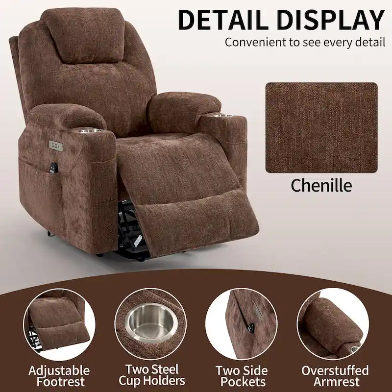 Fauteuil inclinable électrique bleu avec massage à 8 points, soutien lombaire chauffant, deux ports USB et porte-gobelets en acier inoxydable