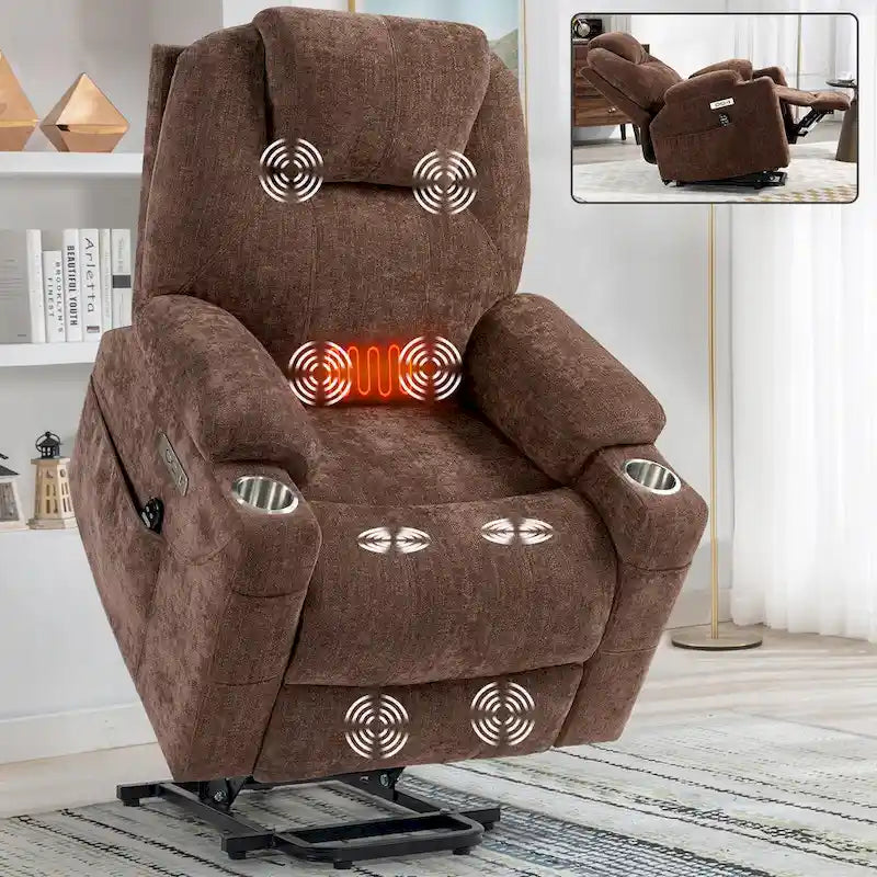 Fauteuil inclinable électrique bleu avec massage à 8 points, soutien lombaire chauffant, deux ports USB et porte-gobelets en acier inoxydable