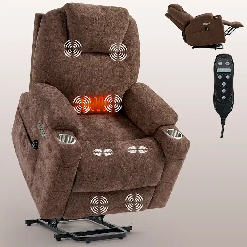 Fauteuil inclinable électrique bleu avec massage à 8 points, soutien lombaire chauffant, deux ports USB et porte-gobelets en acier inoxydable