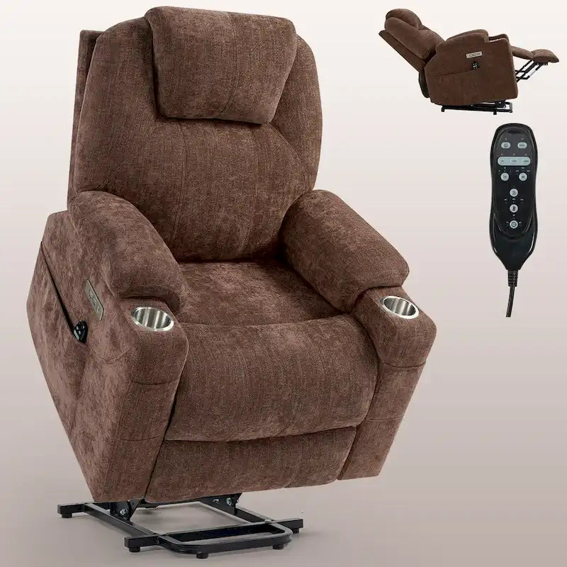 Fauteuil inclinable électrique bleu avec massage à 8 points, soutien lombaire chauffant, deux ports USB et porte-gobelets en acier inoxydable