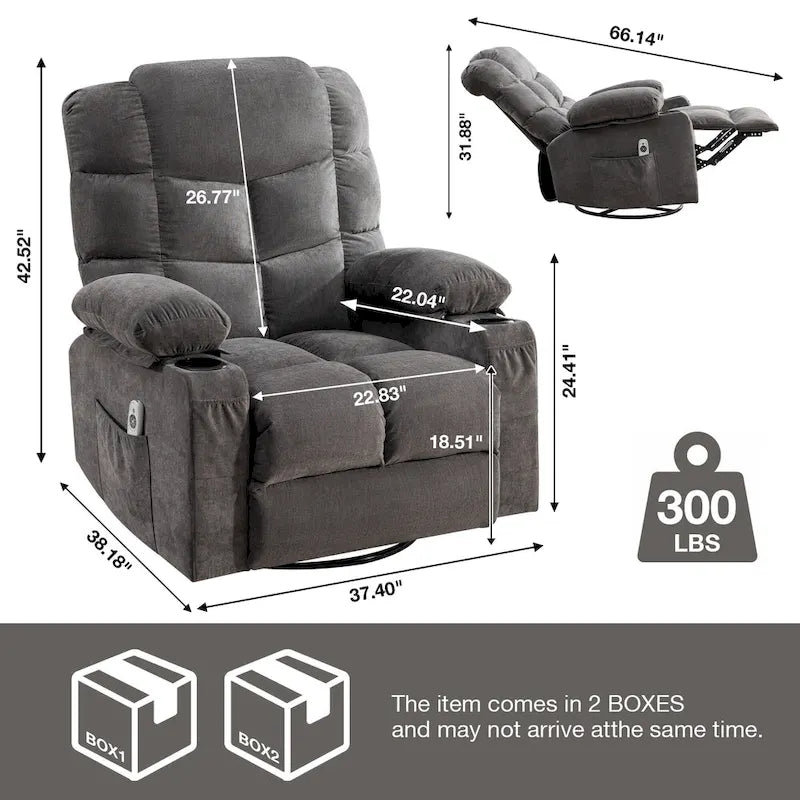 Fauteuil inclinable à bascule surdimensionné gris avec chauffage et port USB