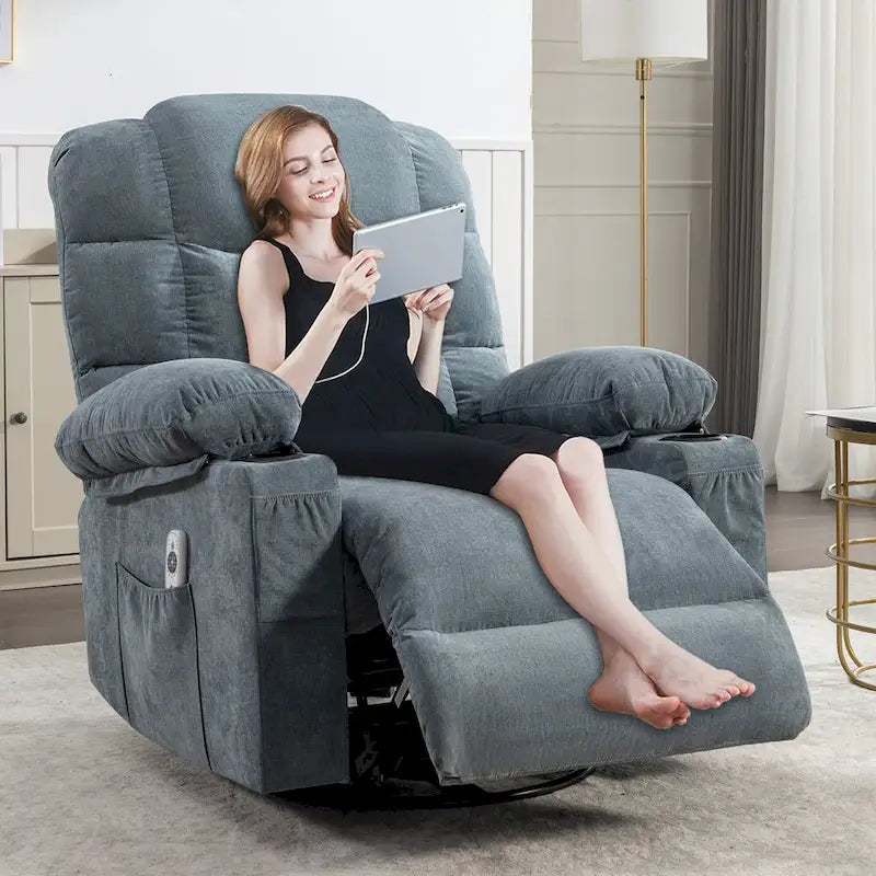 Fauteuil inclinable à bascule surdimensionné gris avec chauffage et port USB