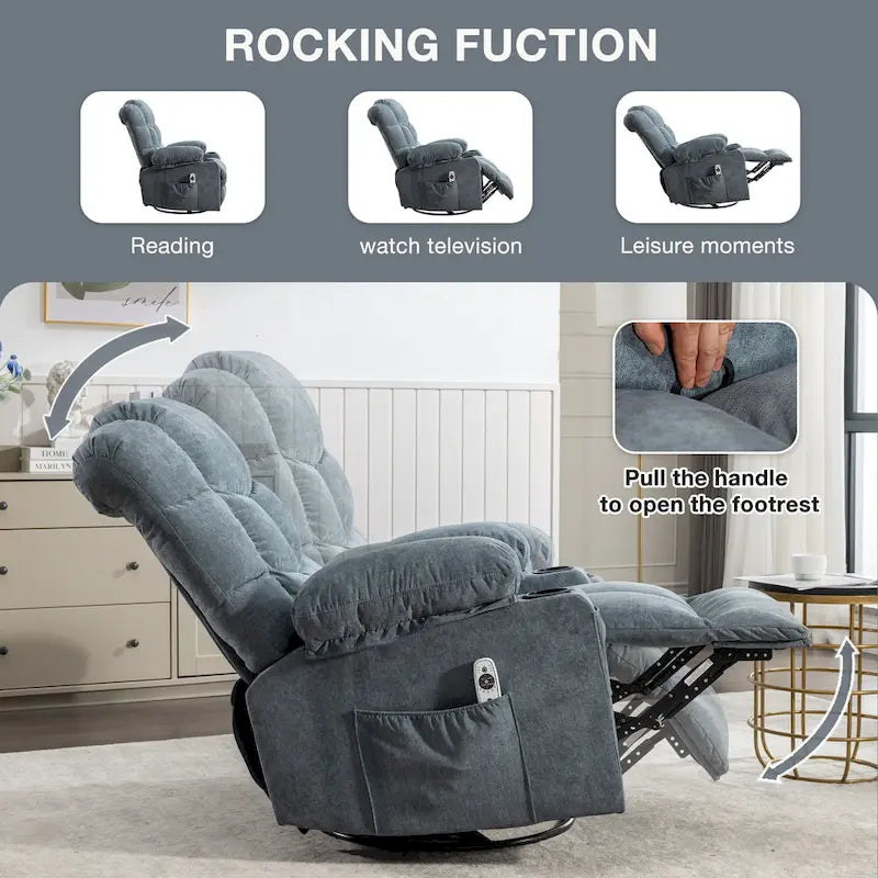 Fauteuil inclinable à bascule surdimensionné gris avec chauffage et port USB