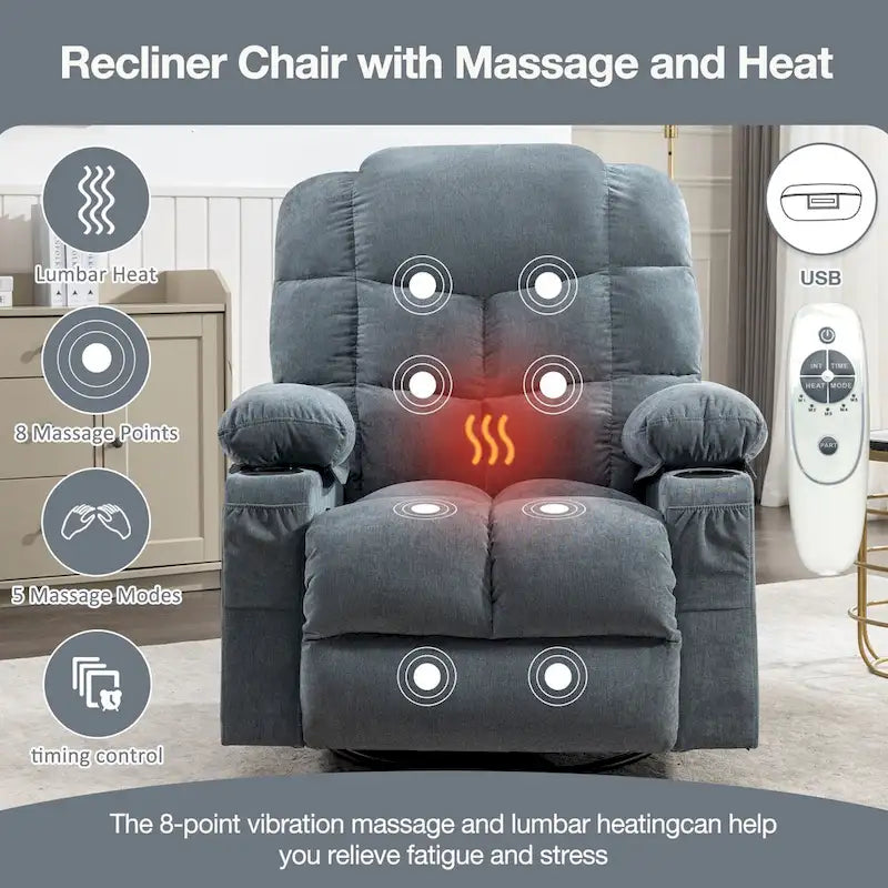 Fauteuil inclinable à bascule surdimensionné gris avec chauffage et port USB
