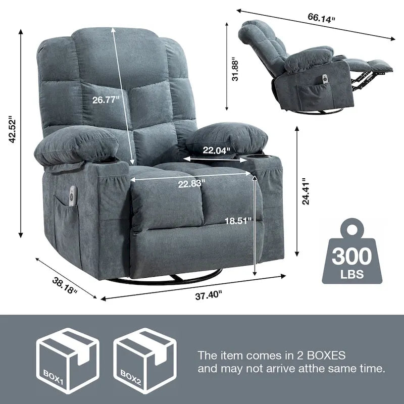 Fauteuil inclinable à bascule surdimensionné gris avec chauffage et port USB