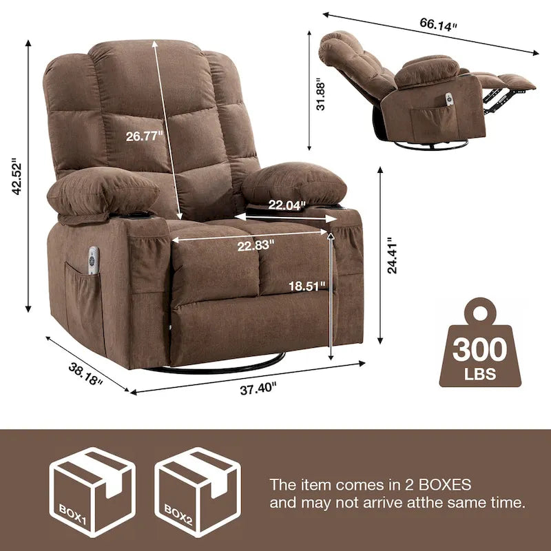 Fauteuil inclinable à bascule surdimensionné gris avec chauffage et port USB