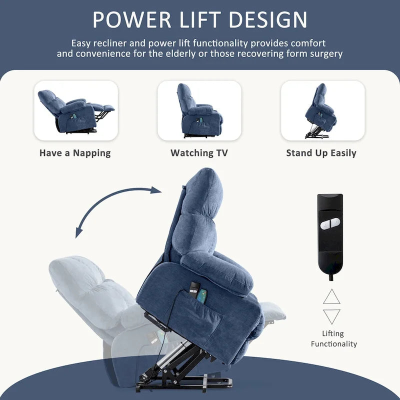 Fauteuil inclinable électrique bleu avec chauffage, massage, chargement USB, rangement latéral et télécommande