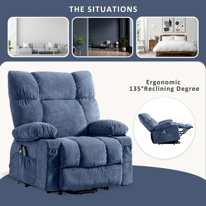 Fauteuil inclinable électrique bleu avec chauffage, massage, chargement USB, rangement latéral et télécommande