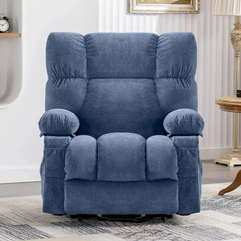 Fauteuil inclinable électrique bleu avec chauffage, massage, chargement USB, rangement latéral et télécommande
