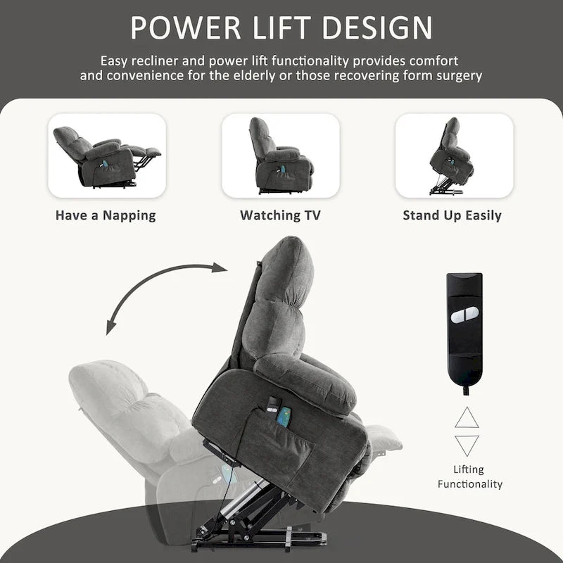 Fauteuil inclinable électrique bleu avec chauffage, massage, chargement USB, rangement latéral et télécommande