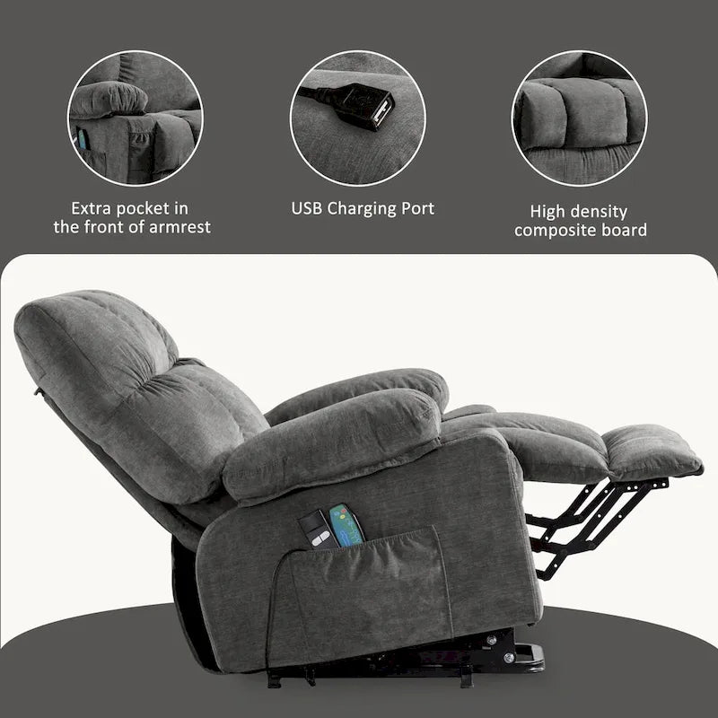 Fauteuil inclinable électrique bleu avec chauffage, massage, chargement USB, rangement latéral et télécommande