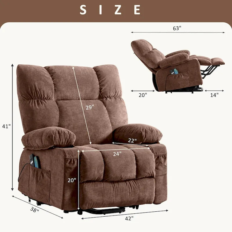 Fauteuil inclinable électrique bleu avec chauffage, massage, chargement USB, rangement latéral et télécommande